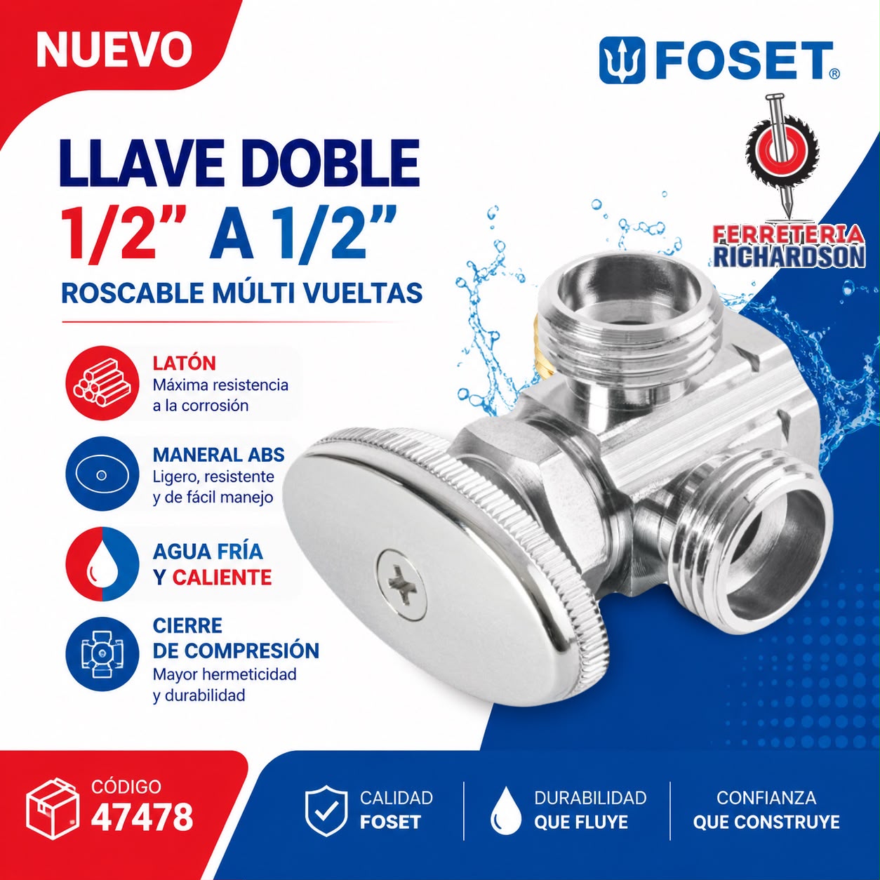 Llave doble Foset de 1/2 a 1/2